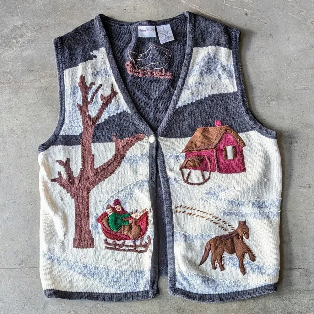Vintage Bobbie Brooks Winter Scenery Snow Sledding Knit Sweater Vest size XL
